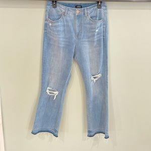 Express Distressed Cropped High-Rise Flare Jeans.